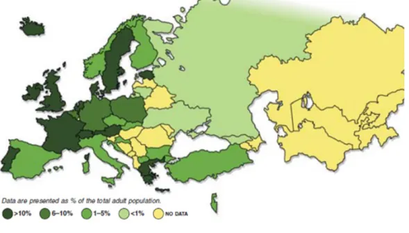 fig 12. Prevalência da Asma sobre adultos na Europa. 