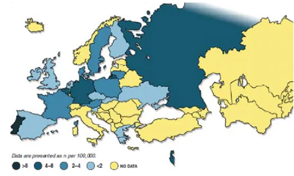 fig 13. Mortalidade devido a Asma por 100 mil habitantes, na Europa. 