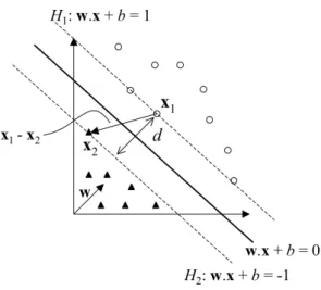 Figura 2.9. Cálculo da distância d entre os hiperplanos H 1 e H 2 . Fonte: [33].