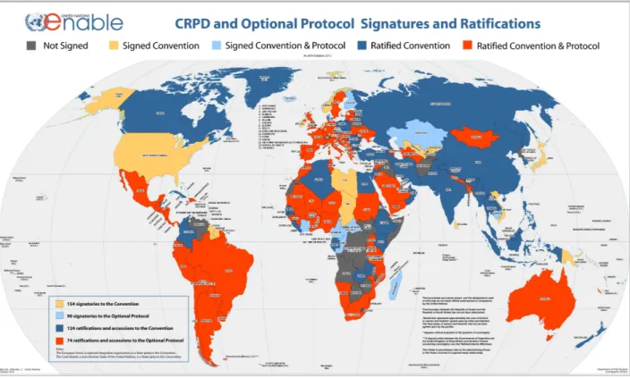 Ilustração  I:  Mapa  das  assinaturas  e  ratificações  da  Convenção  sobre  os  Direitos  das  Pessoas  com  Deficiência e do Protocolo Facultativo (Onu, 2013)