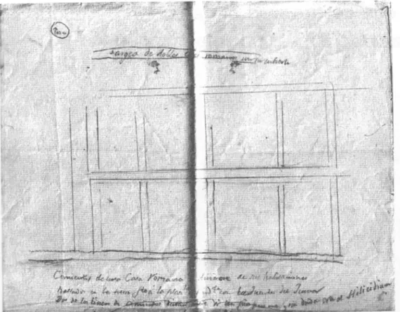 Figura 14: Croquis de José Demetrio Calleja con el hallazgo que él mismo denomina «cimientos de casa romana», en 1893, 1894 o  1897 (Vallejo, 2005: 157).