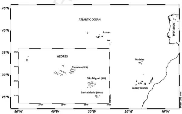 Fig. 1. Location of the Azores archipelago in the NE Atlantic Ocean context. The islands and stations sampled are highlighted: Terceira (TER, Central Group), São Miguel (SM, Oriental Group) and Santa Maria (SMA, Oriental Group).