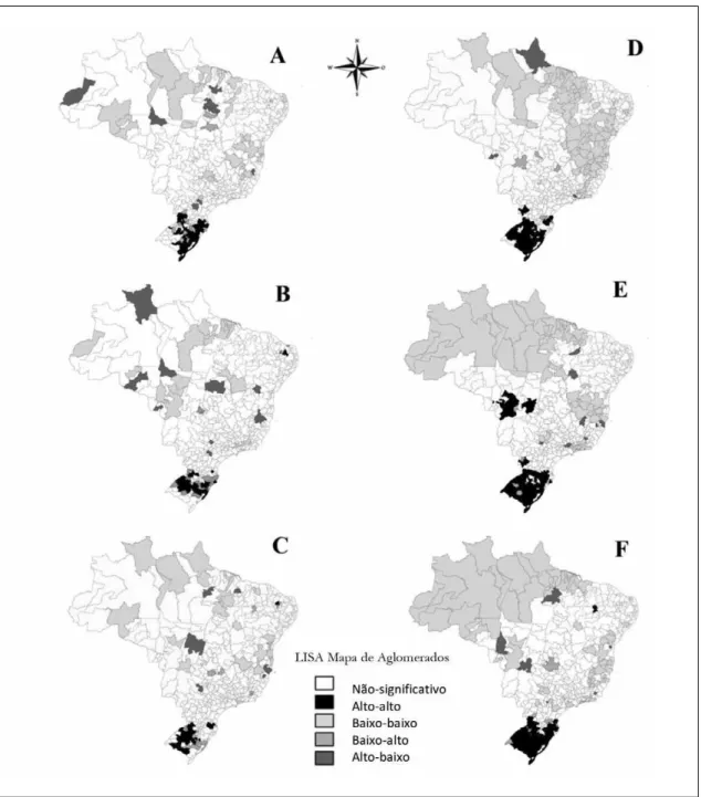 Figure 3. MoranMap of Standardized Mortality Rate (SMR) by suicide in Brazil according to gender and quinquennia