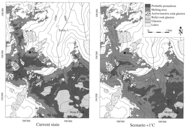 Fig. 2: Current distribution of permafrost and glaciers in the Mont Gele