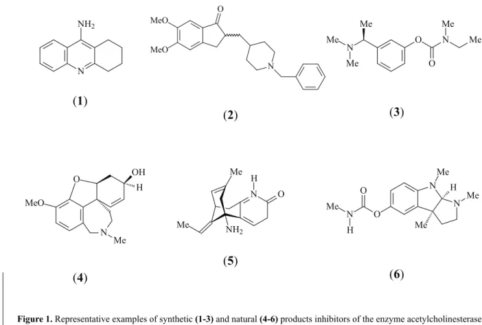 Figure 1. Representative examples of synthetic (1-3) and natural (4-6) products inhibitors of the enzyme acetylcholinesterase