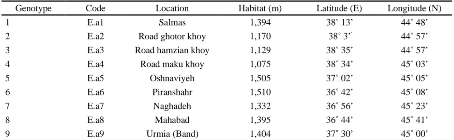 Table 1 - Location of E. angustifolia genotypes collected from West Azarbaijan province of Iran