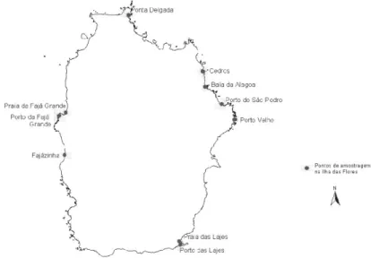 Figura 1 - Estações amostradas na linha de costa da Ilha das Flores.