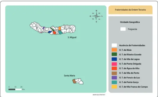 Fig. 1 –  Mapa com a distribuição territorial das fraternidades da Venerável Ordem  Terceira da Penitência no grupo Oriental do arquipélago dos Açores