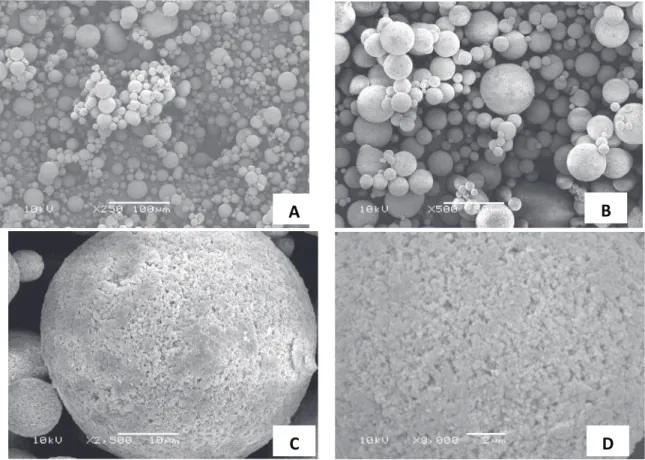 Figure  2.  Photomicrographies  of  the  A.  satureioides   spray  dried  powder  magniied  at  (A)  250x,  (B)  500x,  (C)  2500x,  and  (D)  8000x.