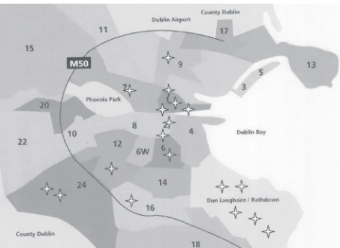Figure  1.  Map  of  Dublin  City  and  its  neighbourhoods  (numbers  are  the  postcode  areas  in  the  inner  city)  and  the  areas  where  shops  were  visited  to  gather  information  on  medicinal plants/natural products use (stars).