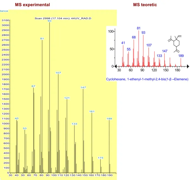 Figura 1. Gaz cromatograma si spectrul de masa din analiza GC7MS a β7elemenului