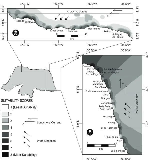 Figure 2. Suitability maps for seaweed cultivation development in Rio Grande do Norte, Brazil.