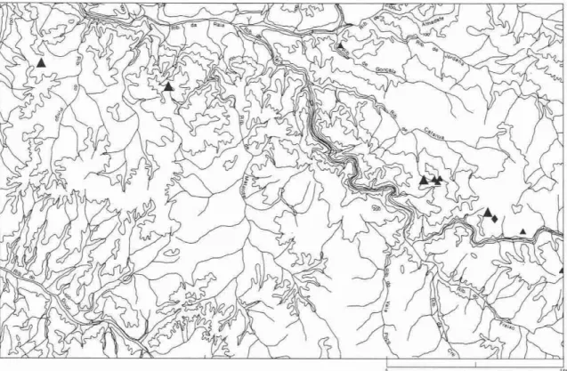 Fig.  16  Oro-hidrogra6a da  irea  de Pa\,&amp;. Megalinsma  &#34;20  hneririo. Menires  (A);  Re-cor  rnegdiricos (A);  Alinhamenro  (0