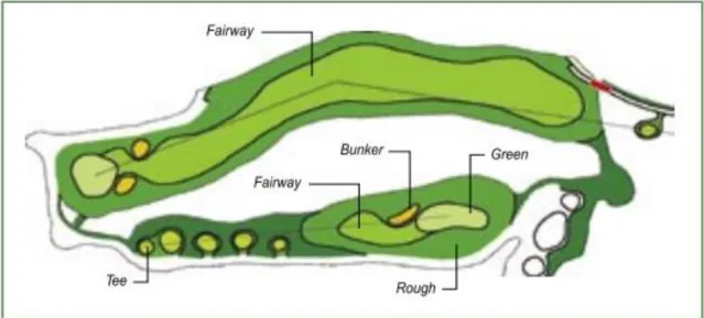 Figura 2.2 – Representação esquemática dos componentes de um buraco de um campo de  golfe (Ebert et al, 2009)