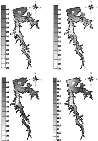 Figure 5 - Variation in Chlorophyll ‘a’ concentrations in May  (A) and August of 2007 (B) and May (C) and August of 2008 (D)  in the Serrote reservoir, Santa Quitéria, Ceará
