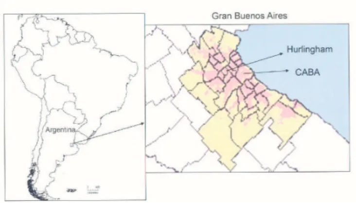 Figure 1 - Location of Hurlingham district and Autonomous  city of Buenos Ares (CABA) in Argentina.