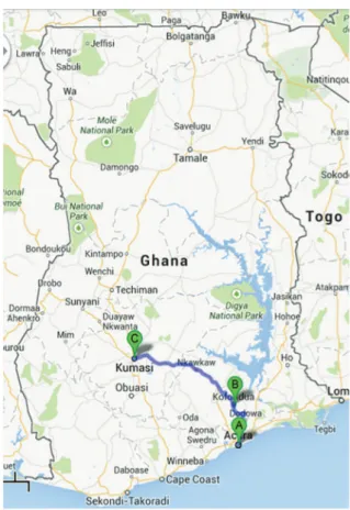 Figure 1 – Map of Ghana showing the visited places: Accra,  Greater Accra Region to Kumasi, Ashanti Region through  Koforidua, Eastern Region (Distance of about  280 km)