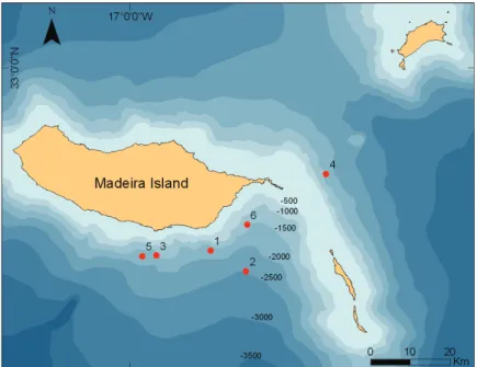 Fig. 1.  Bathymetric map showing the location of the six deployments used in this study,         archipelago of Madeira, Portugal