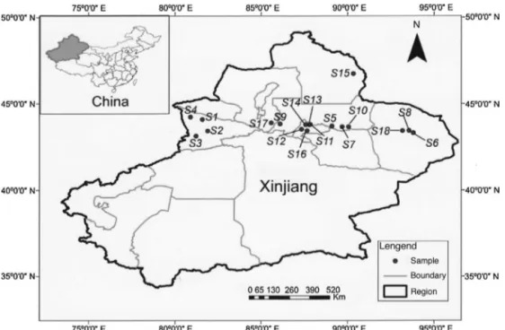 Figure 1. Geographical distribution of the collected Z. clinopodioides samples in Xinjiang, China.