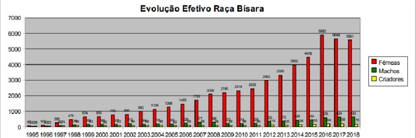 Figura 2.3: Evolução do efetivo da raça Bísara em Portugal (ANSCUB, 2018).