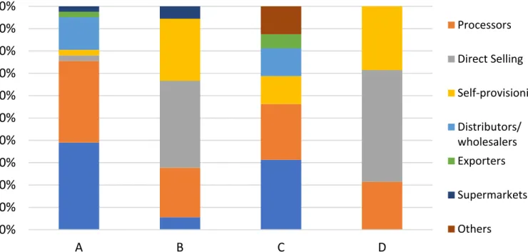 Fig. 6. Main first linkages for small farms. The graph shows the percentage of product-specific food systems in each quadrant in which small farms are connected to  different main first links