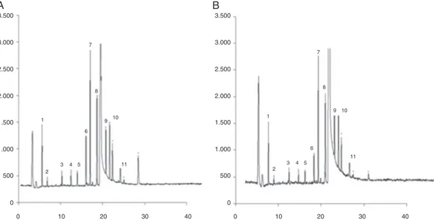 Fig. 2. Chromatograms of fortified mate samples with Mix I at 0.1 mg/kg by GC–FPD. MAE (A) and QuEChERS (B) methods
