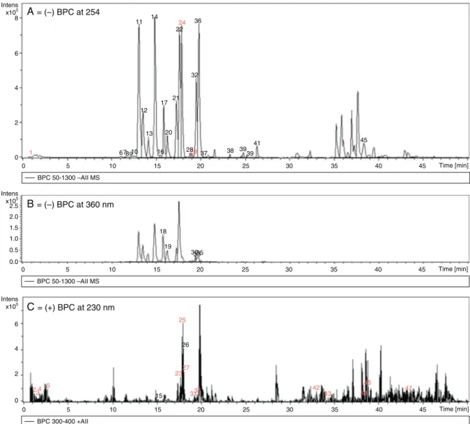 Fig. 1. HPLC-ESI-MS/MS base peak chromatograms (BPC) of the crude ethanolic extract of the flowers of S