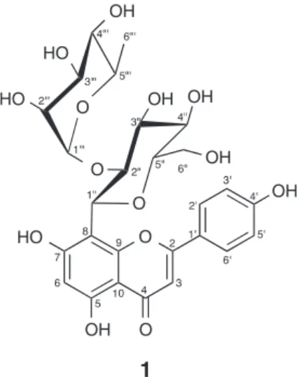 Fig. 2D shows the concentration-activity relationships of com- com-pound 1. From Table 2, it was observed that both compound 1 (IC 50 = 23.40 ± 3.37 ␮M) and quercetin (IC 50 = 21.01 ± 1.24 ␮M) were far superior in efficacy to Trolox (IC 50 = 125.75 ± 29.91