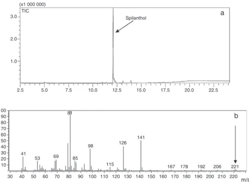 Fig. 2. Chromatogram of the dichloromethane fraction (F2R32) (a) and the mass spectrum of spilanthol (b).
