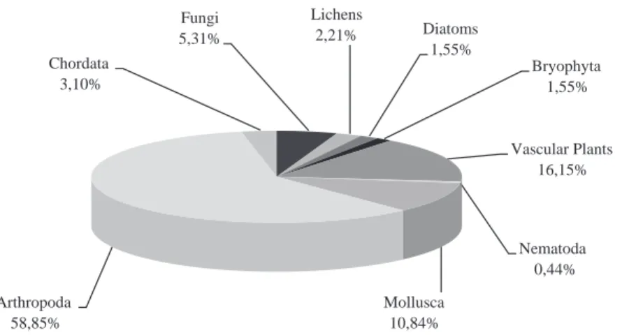 Figura 3. Proporção dos taxa endémicos (espécies e subspécies) de cada um dos filos terrestres dos Açores
