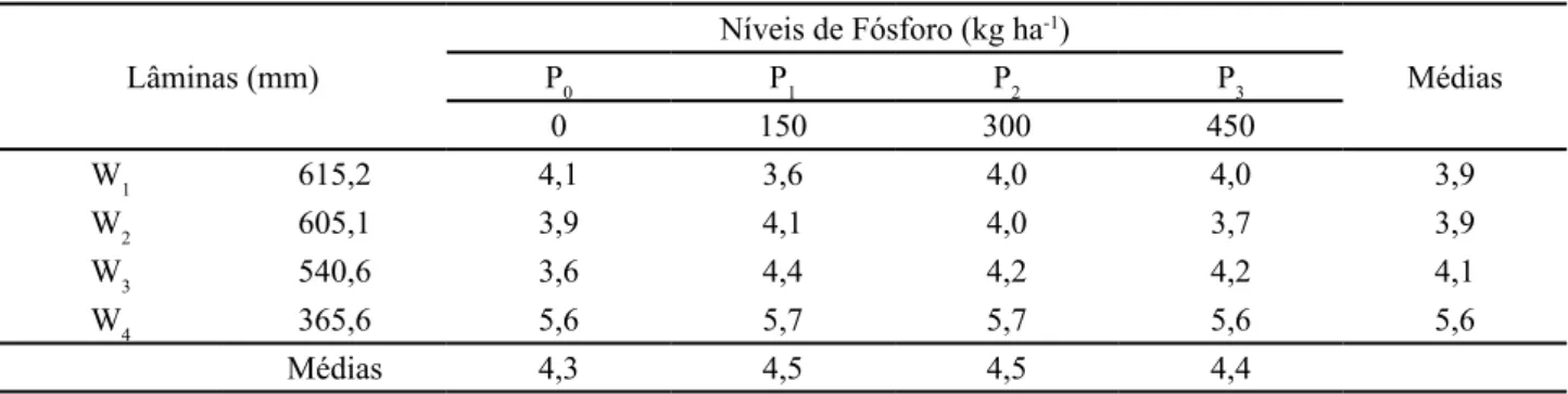 Tabela 5 - Eficiência de uso da água em (R$ m -3 ) em função das lâminas totais de água e dos níveis de fósforoTabela 4 - Eficiência de uso da água (kg m3) em função das lâminas totais de água e dos níveis de fósforo