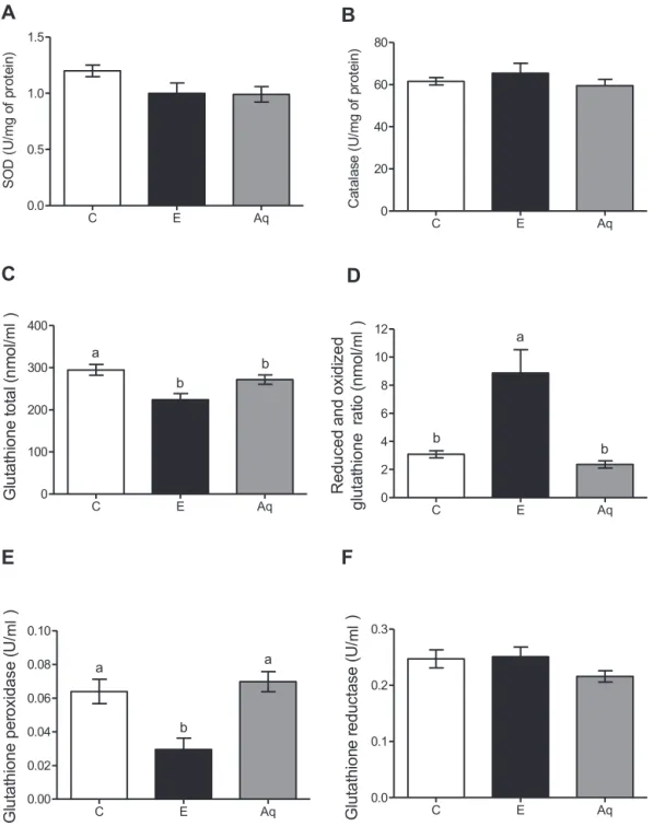 Fig. 3. Effect of Baccharis trimera aqueous extract on the level of SOD (A), catalase (B), glutathione total (C), reduced and oxidized glutathione ratio (D), activity of glutathione peroxidase (E) and glutathione reductase (F), in the livers of rats