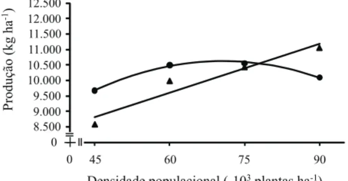 Figura 4 - Produção de grãos do híbrido DKB 214 em função da  densidade populacional de plantas, cultivado em espaçamento entre  linhas de 0,45 m, nos anos agrícolas de 2005/06 e de 2006/07