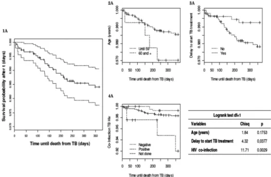 Figure 1 – Kaplan Meier estimate for survival probability and Logrank test, global with 95% CI  and stratiied for age, late initial TB treatment and HIV co-infection for 1 year of follow-up.