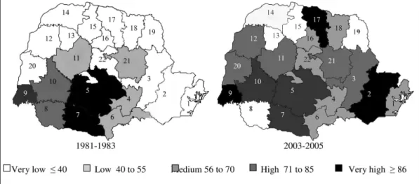 Figure 2 – Health Districts according to homicide mortality rate strata for males aged 15 to 49, State of Paraná, Brazil, in three- three-year periods from 1981 to 1983 and 2003 to 2005.