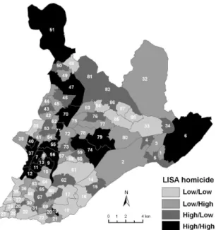 Figure 4 – Local Moran’s I according to weighting areas in the city of Salvador, Bahia, Brazil (1998  – 2003).