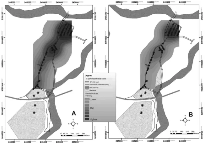 Figure 2 - Kernel estimator map, by location of human cases (A) and parasitary load (B), Natuba, Vitória de Santo Antão,  Pernambuco, Brazil.