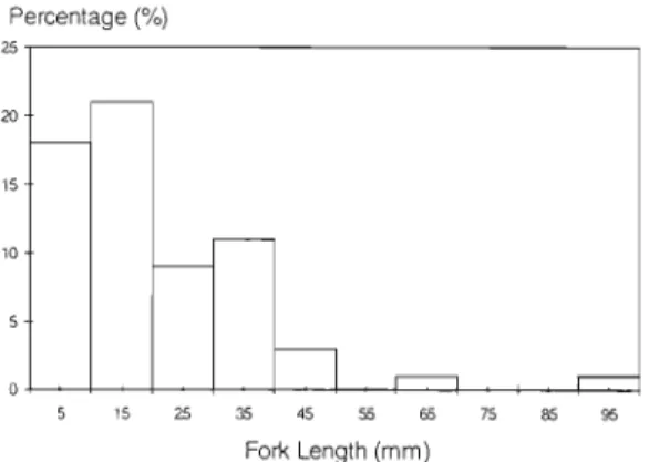 Fig.  4.  Histogram  of  the  fork  lengths  of  complete  Capros aper from stomachs of  swordfish