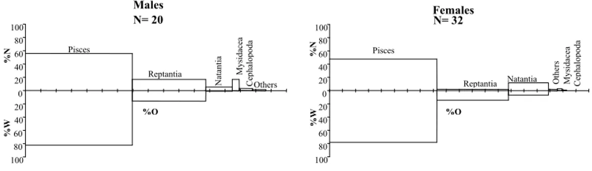 Fig.  4.  Relative  importance  of  prey  categories  in  the  diet  of P.  phycis,  ranked  from  highest  Index  of  Relative  Importance (IRI) values for males and males