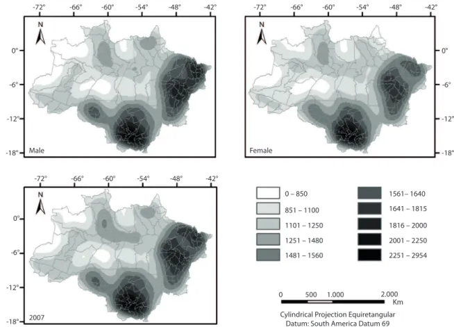 Figure 2 - Kernel distribution according to mortality rates from diseases of the circulatory system (per 100,000 inhabitants)  among the elderly over 65 years of age in the microregions of Brazilian Amazon, 2007, according to gender.