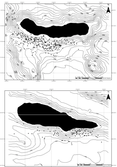 Figure 2. Stenella frontalis sightings in relation to bathymetry in Sao Miguel  (up) and Pico (down) Islands 
