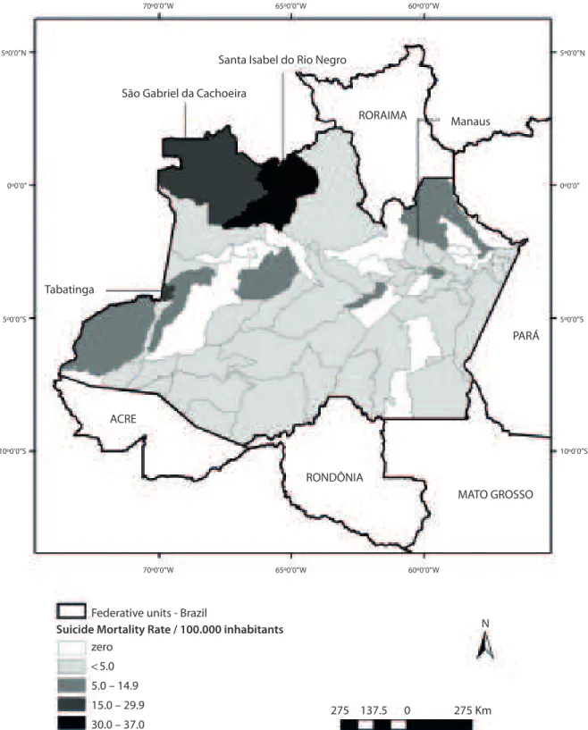 Figure 1 - Spatial distribution of suicide mortality rates in the municipalities of the State of Amazonas, Brazil, 2005 – 2009.