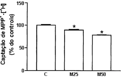 Figura 6 - Efeito da miricetina 25 uM (M25; n=3) e 50 uM (M50; n=3) sobre a  captação de MPP + -[ 3 H] em células Caco-2