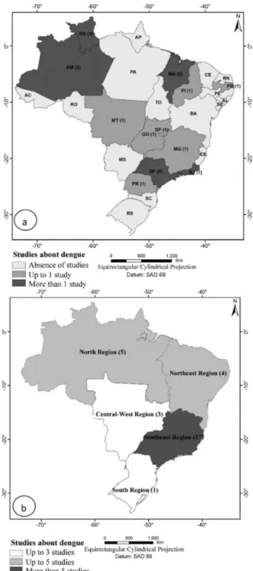 Figure 2 - Distribution of number of publications on dengue and climate variables in Brazil  published between 1992 and 2010, according to the geographic area of study - (a) Unit of the  Federation; (b) Geographic Region
