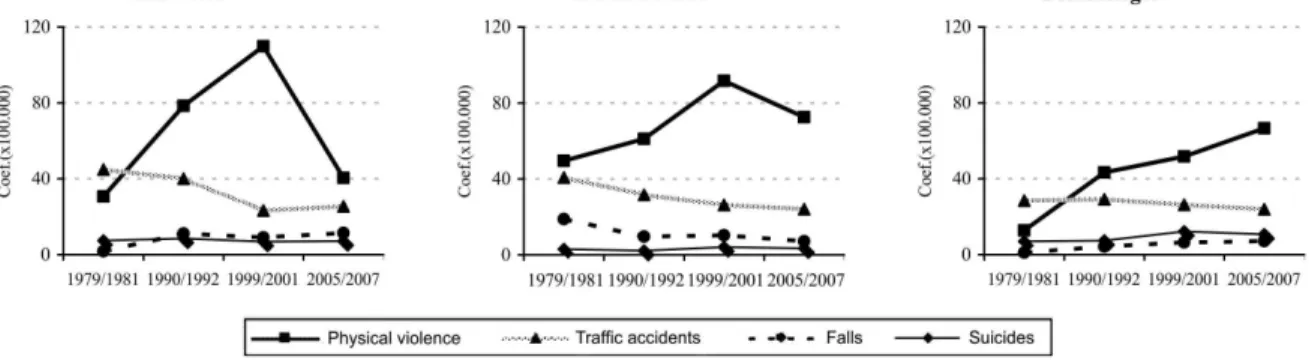 Figure 4 - Average standardized mortality rates (per 100,000 males) due to external causes according to main categories  and triennium, in Sao Paulo, Rio de Janeiro and Porto Alegre, Brazil, 1979 to 2007.