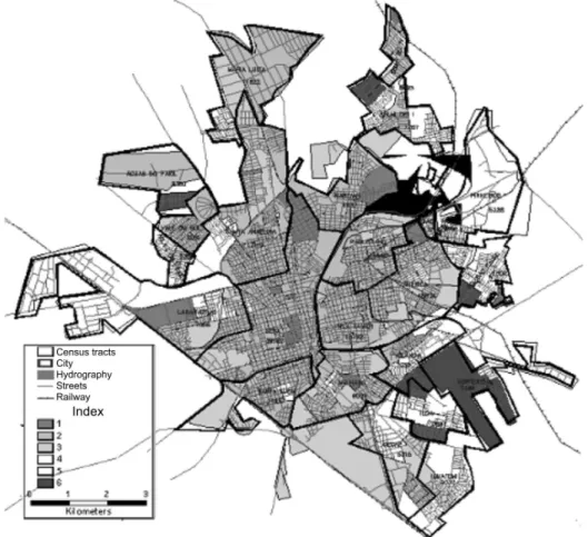 Figure 2 - Cartographic representation of the State Social Vulnerability Index for the urban area  of Araraquara in 2000, modiied with overlapping coverage areas of health units in the year  2004.