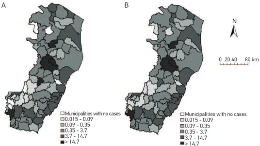 Figure 1. (A) Map of the gross rate of dengue and (B) map from the fully Bayesian model estimates  with spatial efect and covariates garbage and income for Espírito Santo in 2010.