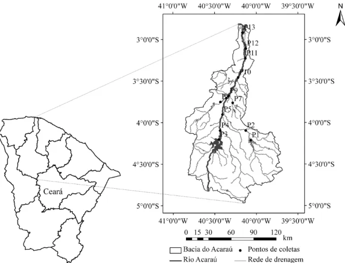 Figura 1 – Localização da Bacia do Acaraú, com indicação dos pontos de coleta em campo