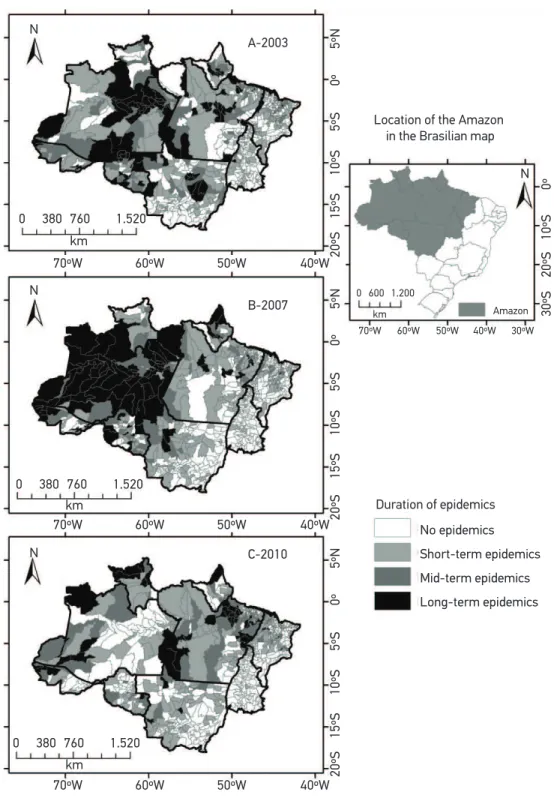 Figure 1. Distribution of cities with malaria epidemics, according to the duration of the epidemic  phenomenon