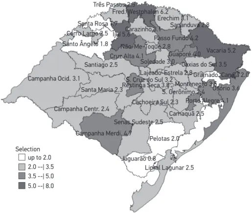 Figure 1. Coeicient of female mortality due to aggression according to the microregions of the  state of Rio Grande do Sul, 2003 – 2007.